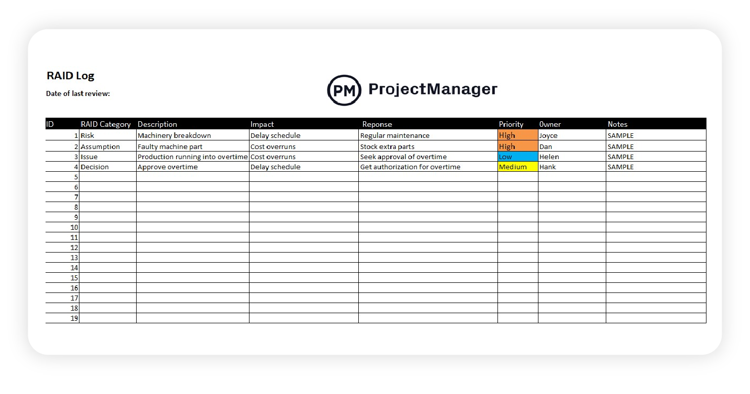 Basis-RAID-Log-Vorlage von ProjectManager herunterladen