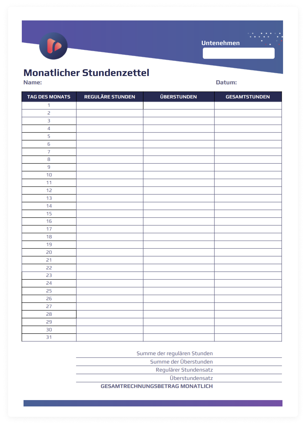 Monatliche Arbeitszeiterfassung PDF-Excel herunterladen