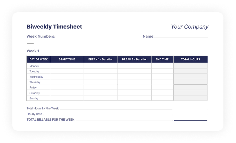 Zweiwöchentliche Stundenzettel‑Vorlagen herunterladen