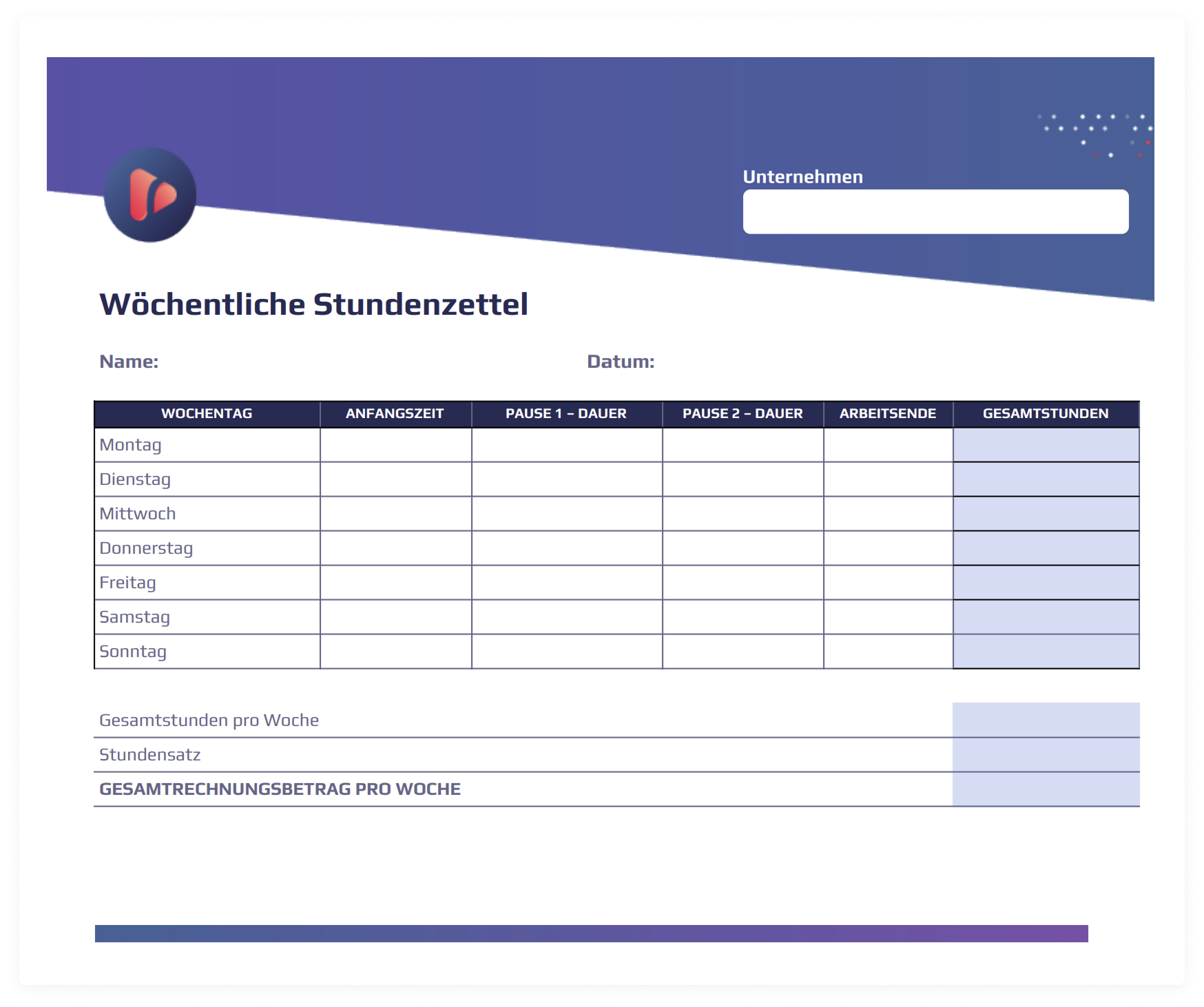 Wöchentliche Arbeitszeiterfassung PDF-Excel herunterladen