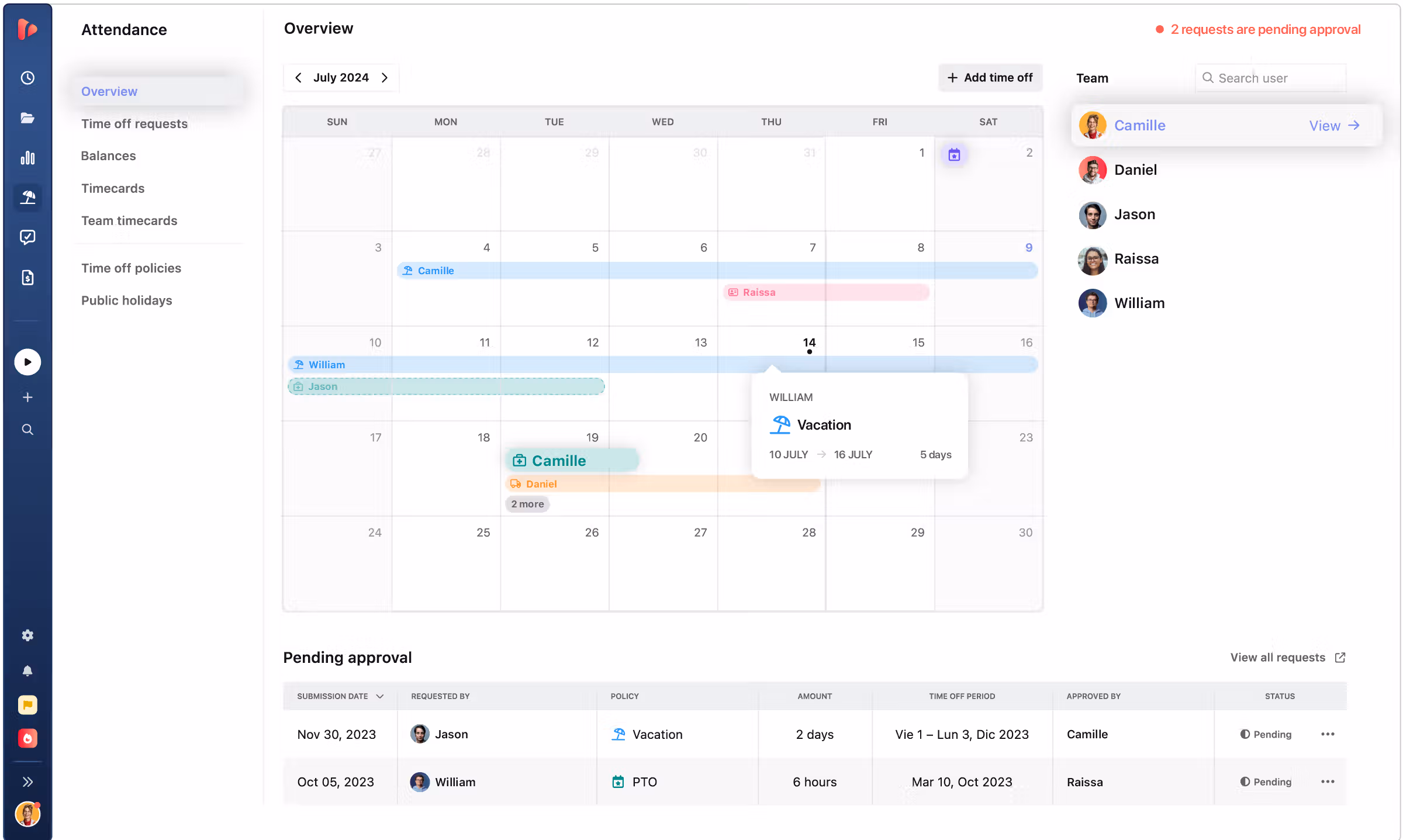 Approved and pending absences show up on the team calendar