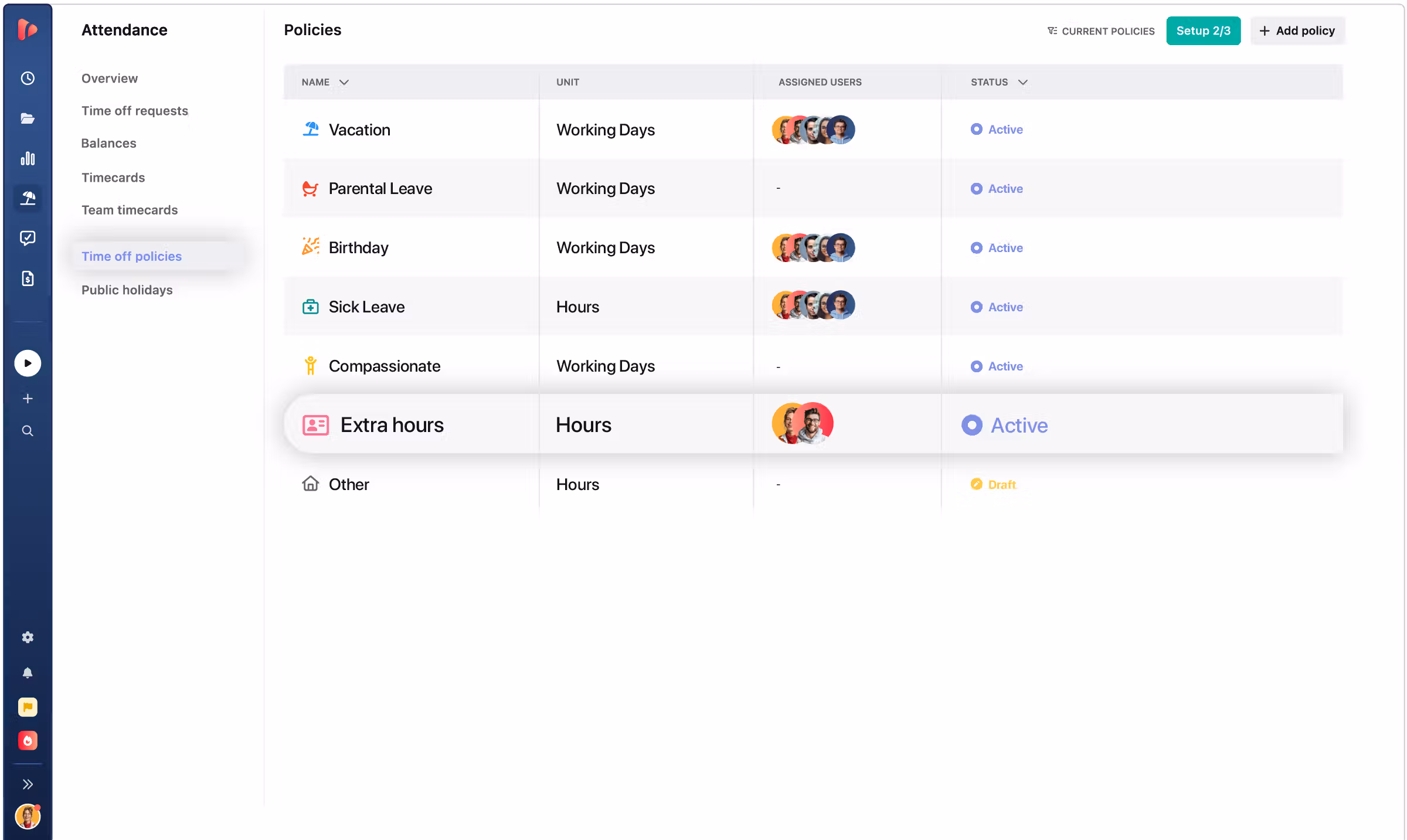 Leave types, accrual rules, and holidays by country, all configured from the same place.